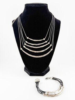Chico's Hammered Silver Multi-Strand Cord Necklace & Bracelet Set Boho
